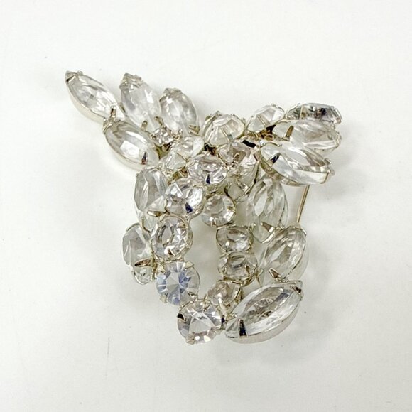 Vintage Silver Tone Open Back Clear Rhinestones Swirl Leaf Brooch - Picture 2 of 5